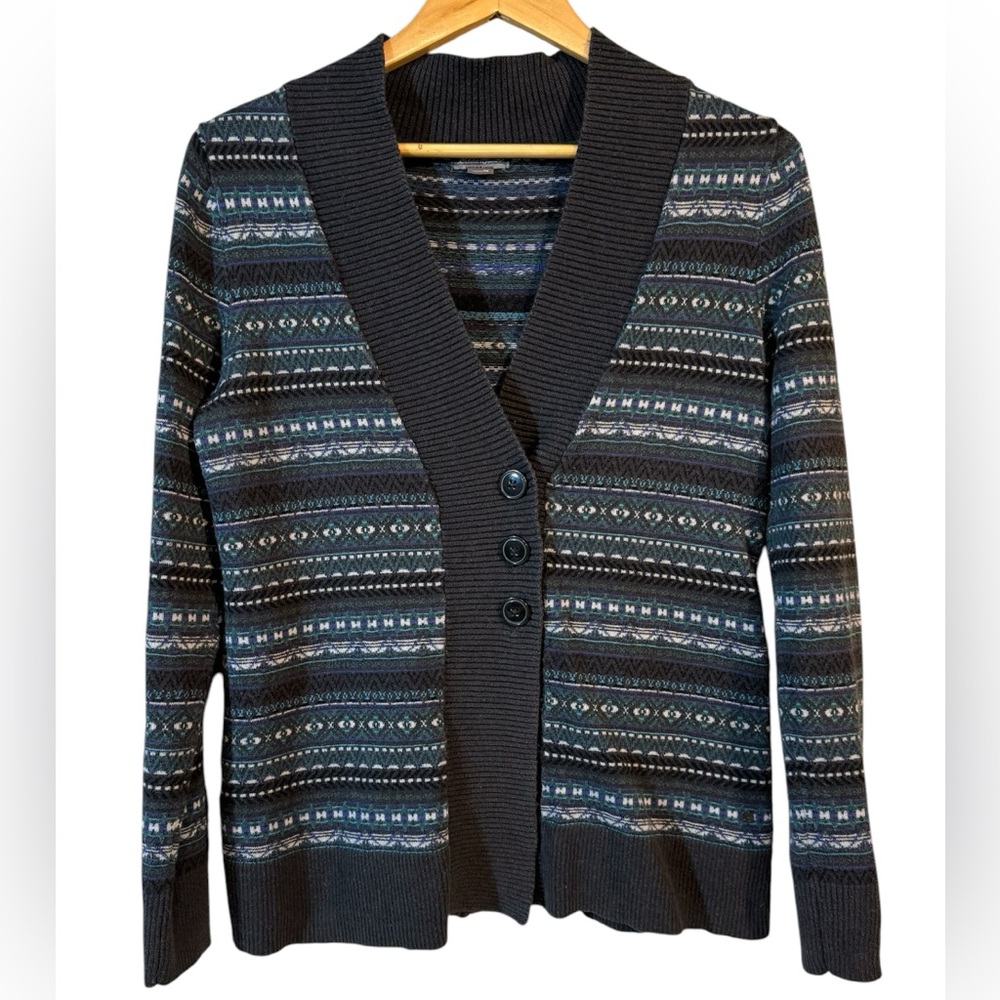 Eddie Bauer Cardigan Womens M Black Blue Wool Blend 3 Button Sweater